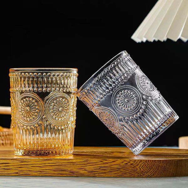 wholesale Vintage Drinking Glasses Romantic Water Glasses Embossed Romantic Glass Tumbler for Juice Beverages Beer Cocktail 010212