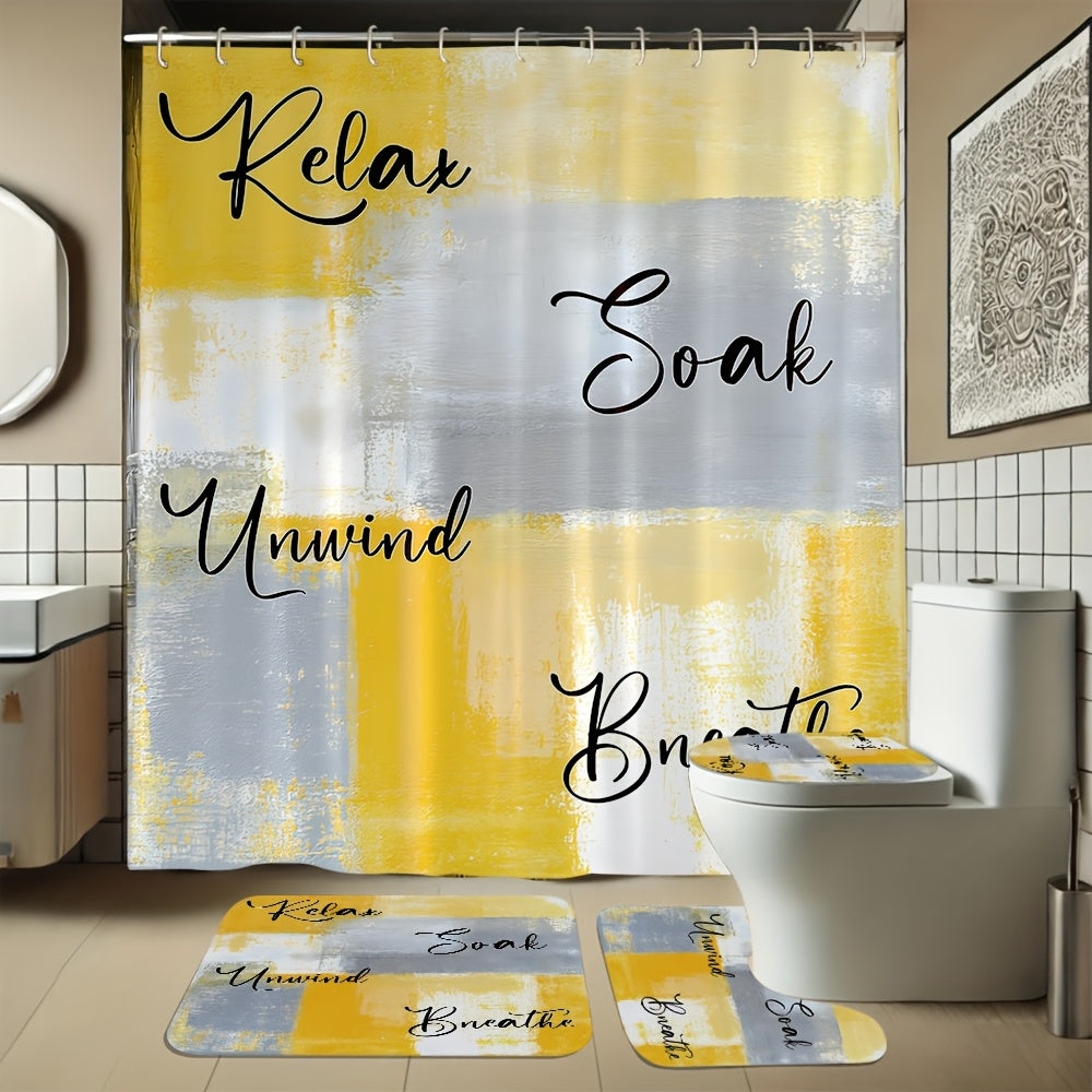 TEMU 4pcss Bathroom Set Complete Personalized Square Doodle Print Pattern, Home Décor Elegant , Home Décor Shower Curtain, Complete 4pcss Toilet Mat