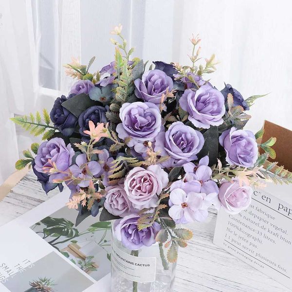 Autumn Artificial Flower Decoration Silk Rose Bride Bouquet DIY Wedding Home Garden Arrangement Accessories Fake Plants Y240801