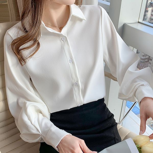 Office Lady Lantern Sleeve White Blouses Women Spring Chiffon Shirts Vintage Buttons Female Clothing Blusas Mujer Elegant