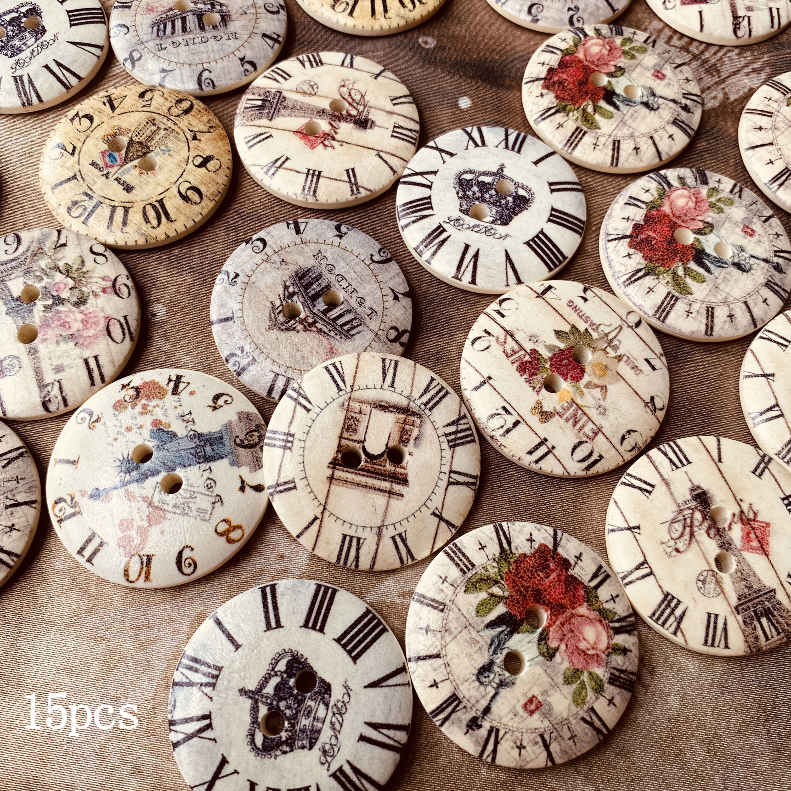 TEMU 15pcs Large 30mm Vintage Buttons - Antique Roman , Floral & Clock Faces - Recycled Wood Craft Buttons For Sewing, Scrapbooking, Jewelry Making -