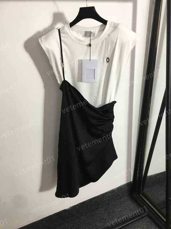 Designer Women Dress Fashion Classic Logo Embroidery Suspenders Stitching Fake Two-piece Pleated Short Sleeve Dresses Luxury Summer Womens Party Dre