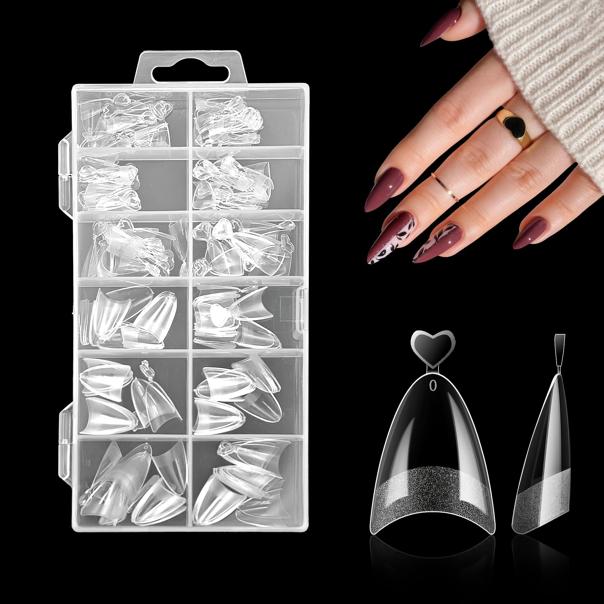 TEMU 240pcs Almond Shaped Acrylic Nail Extensions, Medium Length, Pre-, 12 Sizes, Glossy Transparent Full Cover False Nails With Gel Forms For Easy