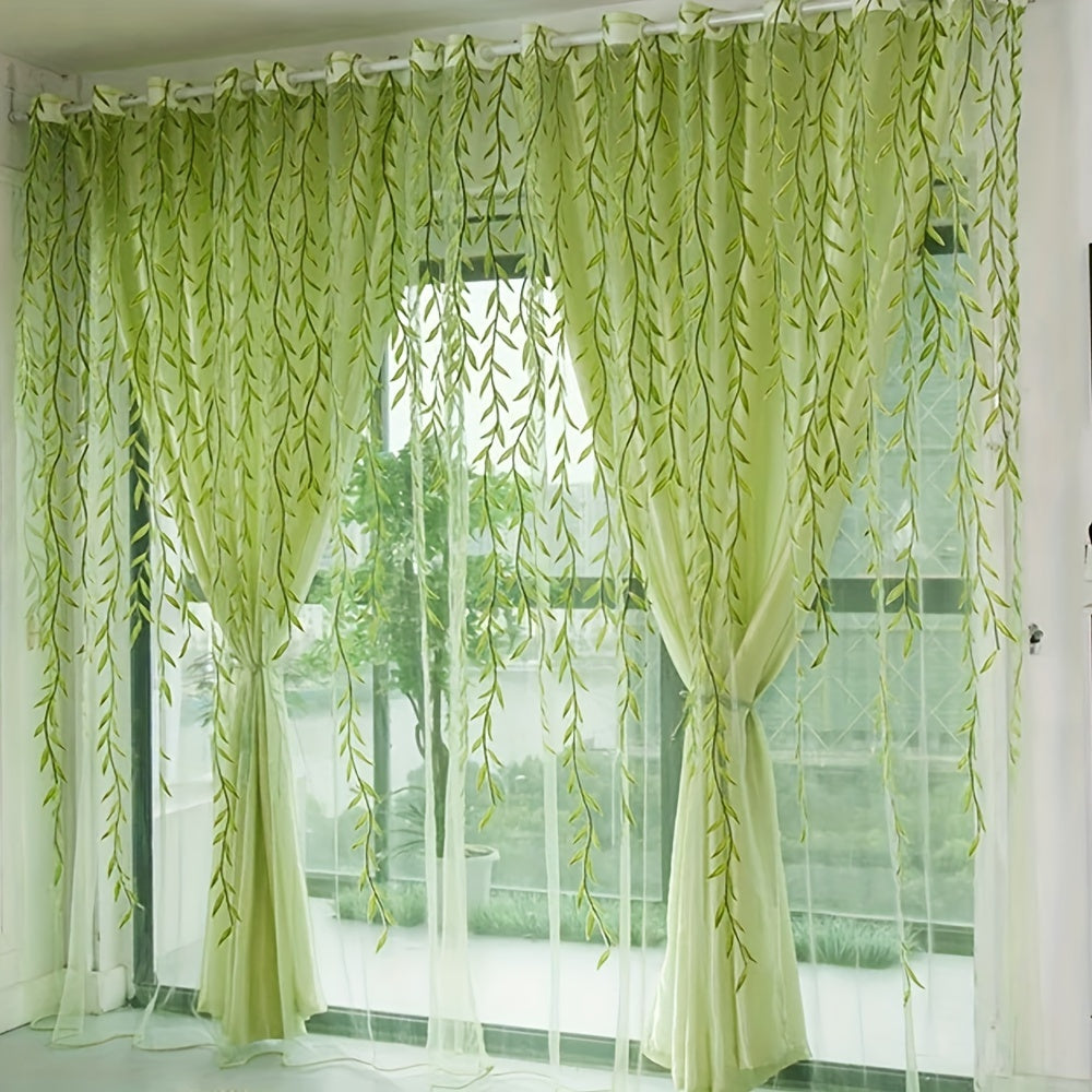 TEMU 2 Pieces Window Curtain Tulle Room Leaf Sheer Vine Curtain Panel Drapes Curtain Curtain For Living Room, Bedroom, Balcony