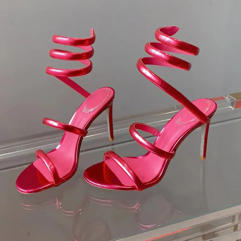 Cleo Red Mirror Sandal 95mm Designers Ankle Snake Strass chandelier heels Wraparound women Stiletto Heel Evening shoes Party dress shoes With box