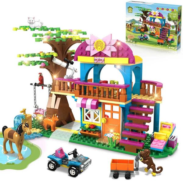HOGOKIDS Tree House Building Sets with LED-Jungle with Car Horse s Swing Playset Forest House Birthday Gift for Kids 6+ Z250111