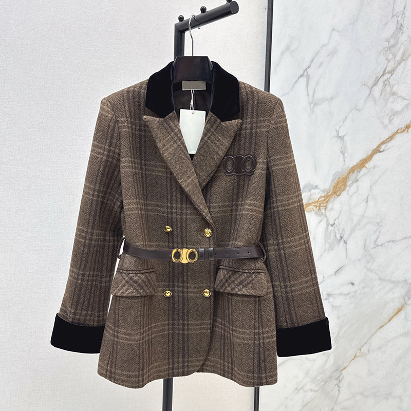 Designer Plaid Women Blazers Coat Luxury Elegant Velour Collar Jacket With Waist Belt Autumn Winter Birthday Dinner Party Chic Outerwear