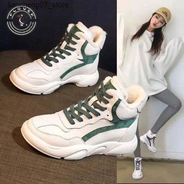 Sapatos casuais 2024 Women Winter High Top Sneakers New Fuzzy Warm Platform S Fashion Shoes leves de lã Sapatos esportivos ao ar livre J2411