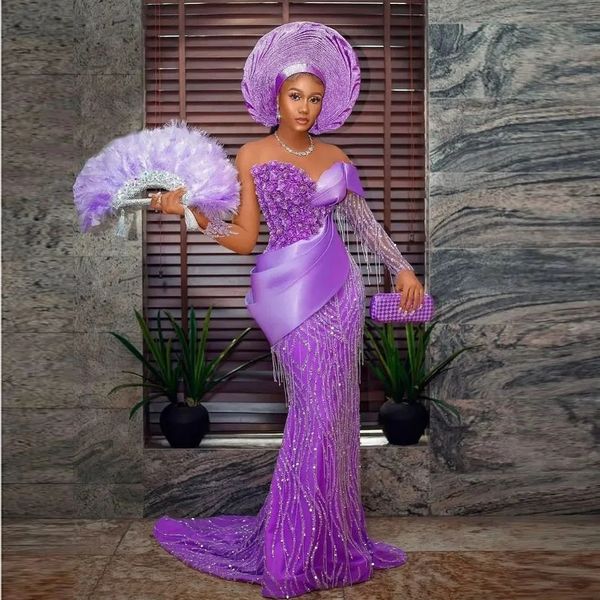 Beading Aso Ebi Style Prom Dresses Mermaid Long Purple Sequins Evening Dress Nigerian African Women Formal Party Gowns