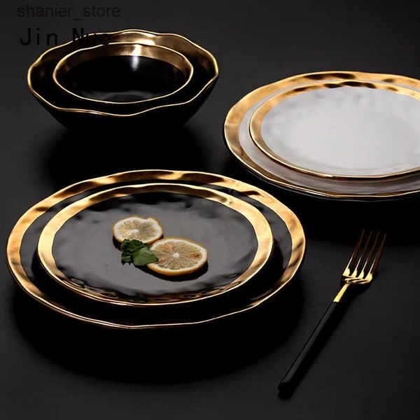 Dishes Plates European black gold ceramic plate Western cuisine matte gold itinerary steak spaghetti dinner plate creative retro salad plate