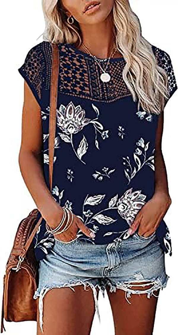 Womens Cap Sleeve Tops 2023 Trendy Floral Print Summer Tops Loose Fit Lace T Shirts Blouses