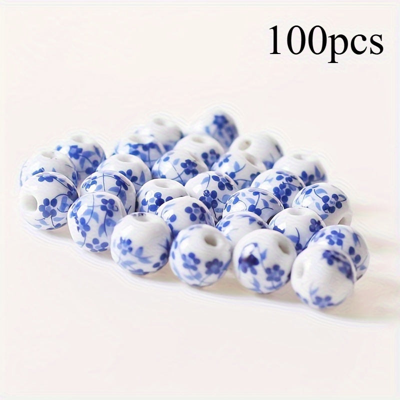 TEMU 100pcs Of Blue Ceramic Beads, Vintage Fashion Orchid Round, Suitable For , Bracelets, Necklaces And Crafts, Bead Curtain Decoration Accessories