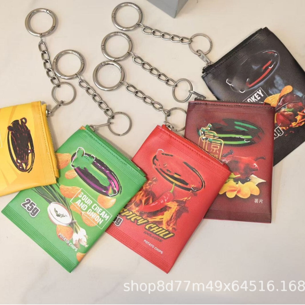 Luxury Keychain new genuine leather paris pendant potato chips snack packaging keychain trendy fashion quirky bag charm Ornament Pendant Accessories