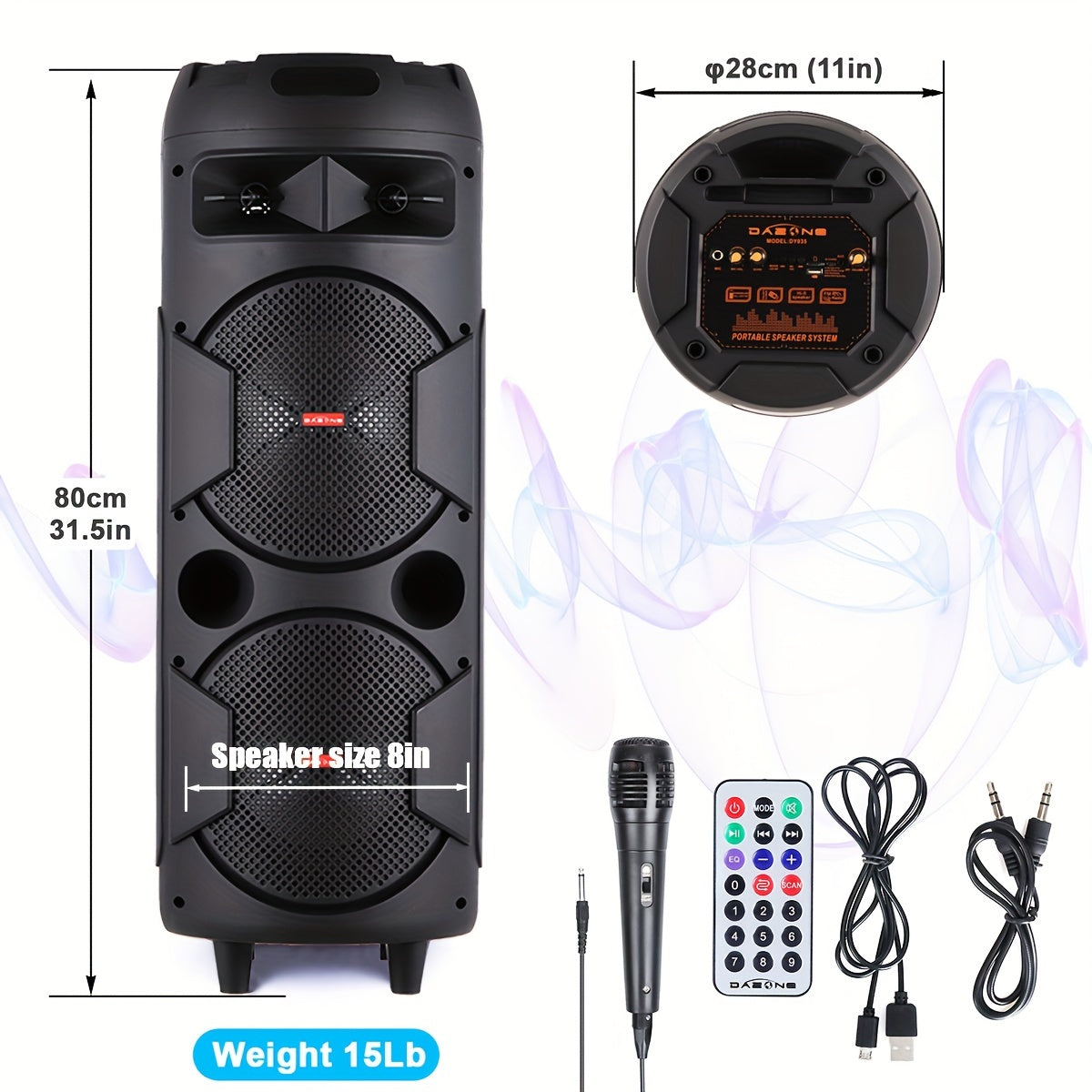 TEMU Portable Pa Speaker System, Rechargeable Outdoor Speaker Portable Pa System With Dual 8" Subwoofer Wired Microphone, Party Lights, Remote