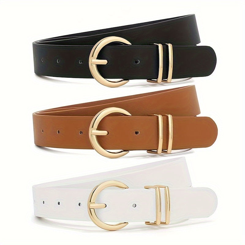 TEMU 3pcs Women's Fashion Belts With Golden Double Ring , Versatile Black, Brown & Cream Jeans And Pants Belt For Casual Attire