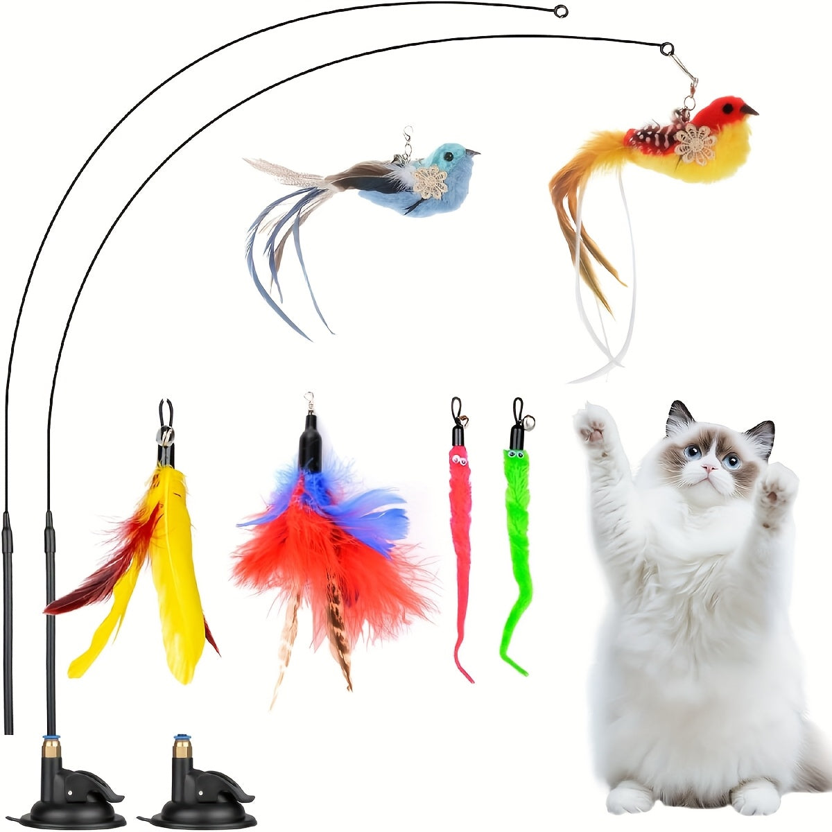 TEMU 10pcs Cat Toys With Detachable 2pcs Suction Cup, 6pcs Replacement Teaser Refills , Interactive Cat Toys Are Suitable For Cats To Play And