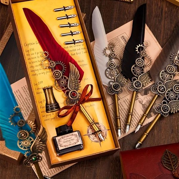 wholesale 1 Retro Dip 5 Nibs English Calligraphy Feather Pens Oblique Quill Dipping Set Fountain Pen Office Supplies 240717