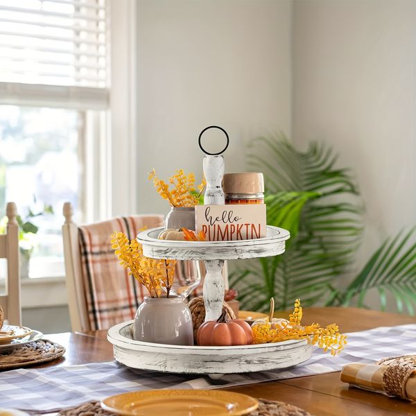 Charming Farmhouse 2-Tier Wooden Serving Tray with Metal Handle Perfect for Fruits Desserts Ideal for Coffee Table Decor Versatile Home Cent