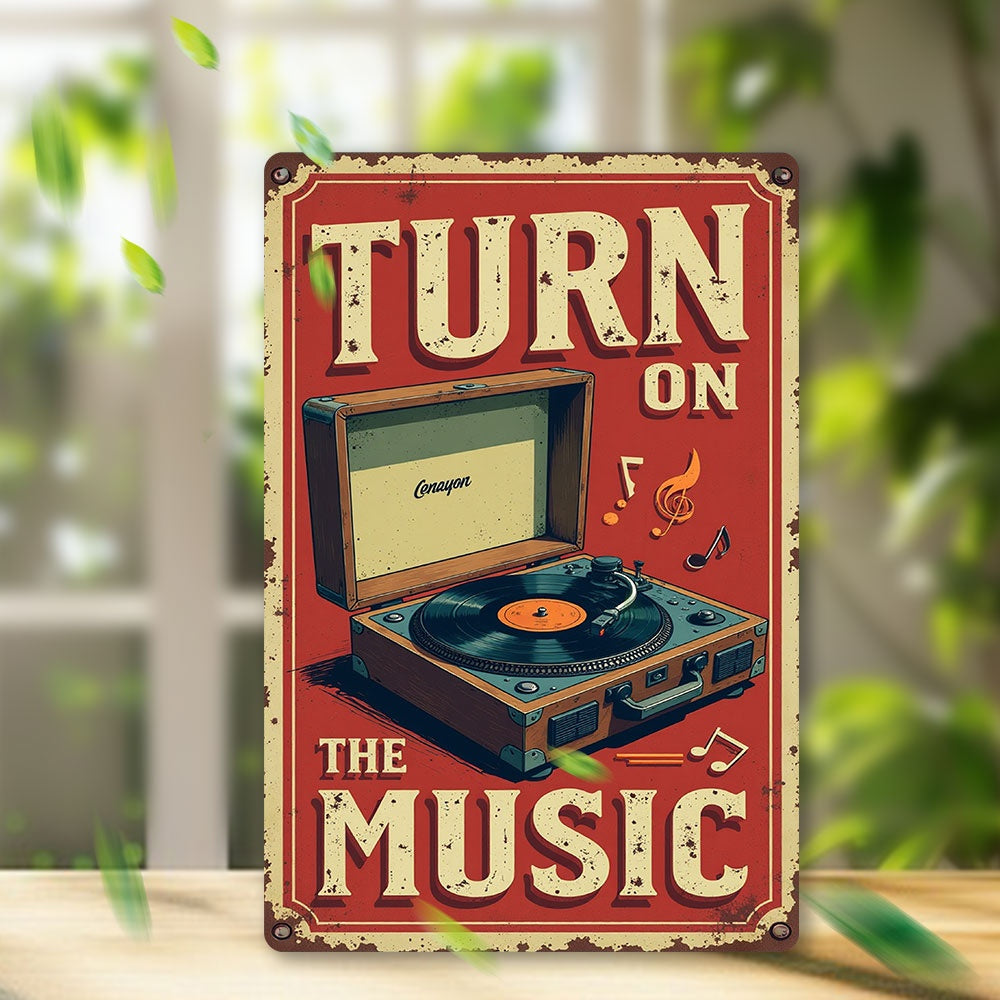 TEMU 2d Flat, Vintage "turn On The Music" Metal Tin Sign - 8x12 Inch Retro Wall Art With Vinyl Record Player & Musical Notes, Durable Iron
