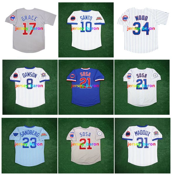 Sammy Sosa Ron Santo Mark Grace Cubs Baseball Jersey Ryne Sandberg Andre Dawson Ernie Banks Greg 31 Maddux Billy Williams Wrigley 100th Harr
