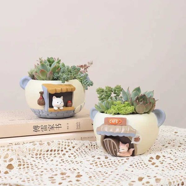 Planters Pots Creative Planter for Succulents Air Plants Resin Flower Pot Decorative Ornament Fairy Garden Cat Fox Figurines Tabletop Decor