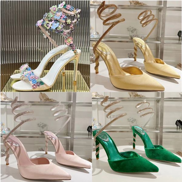New High Heel Sandals Fashion High Heel Luxury Designer Sandal Pointed Toe Snake Wrapped Ankle with Water Diamond Decoration Party Dress Sho