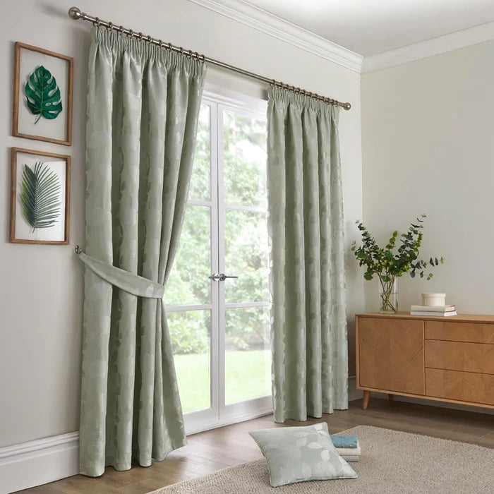Curtina Bramford Jacquard Lined Tape Top Curtains - Green - 90x72
