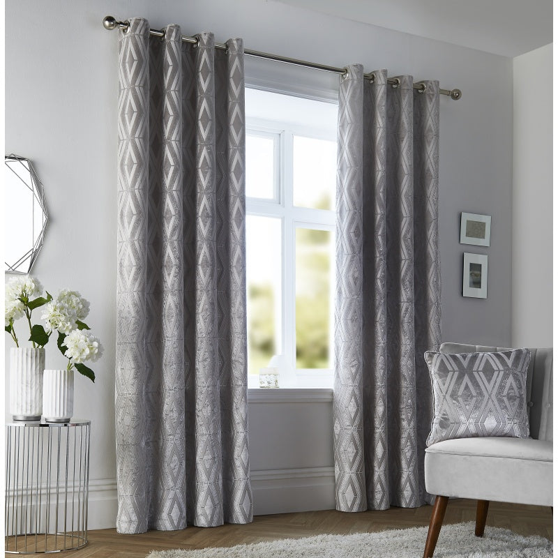 Curtina Marco Geometric Velvet Lined Eyelet Curtains - Silver - 46x72