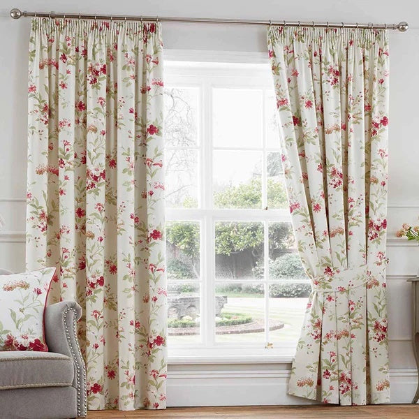 Fusion Jeannie Floral Lined Tape Top Curtains - Red - 66x72
