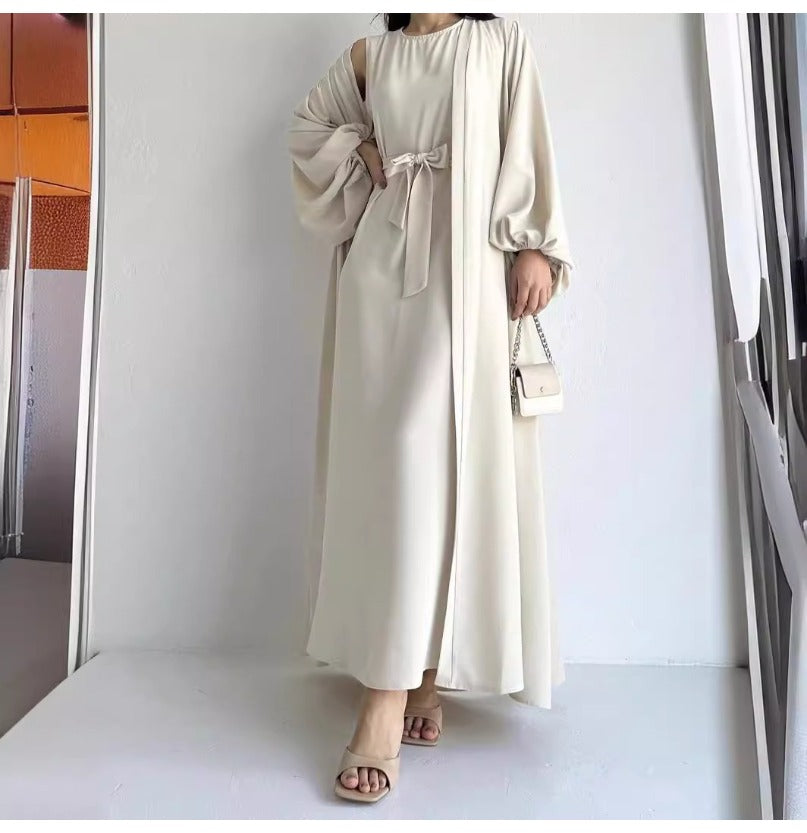 (1034) Customized Women Tie Waist Loose Outerwear Long Robe