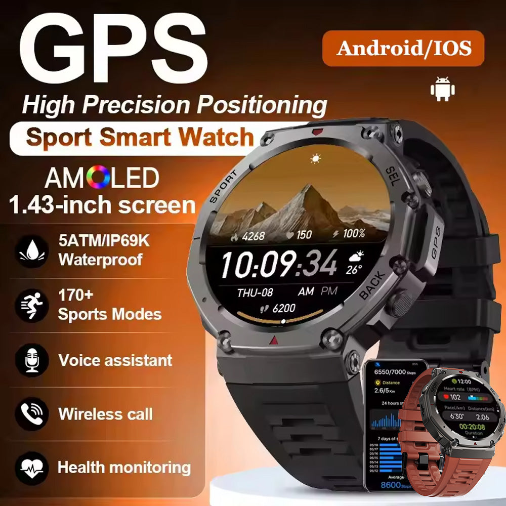 Mens DM58 1.43-inch AMOLED Sports Smartwatch with Bluetooth Calling & GPS Tracking