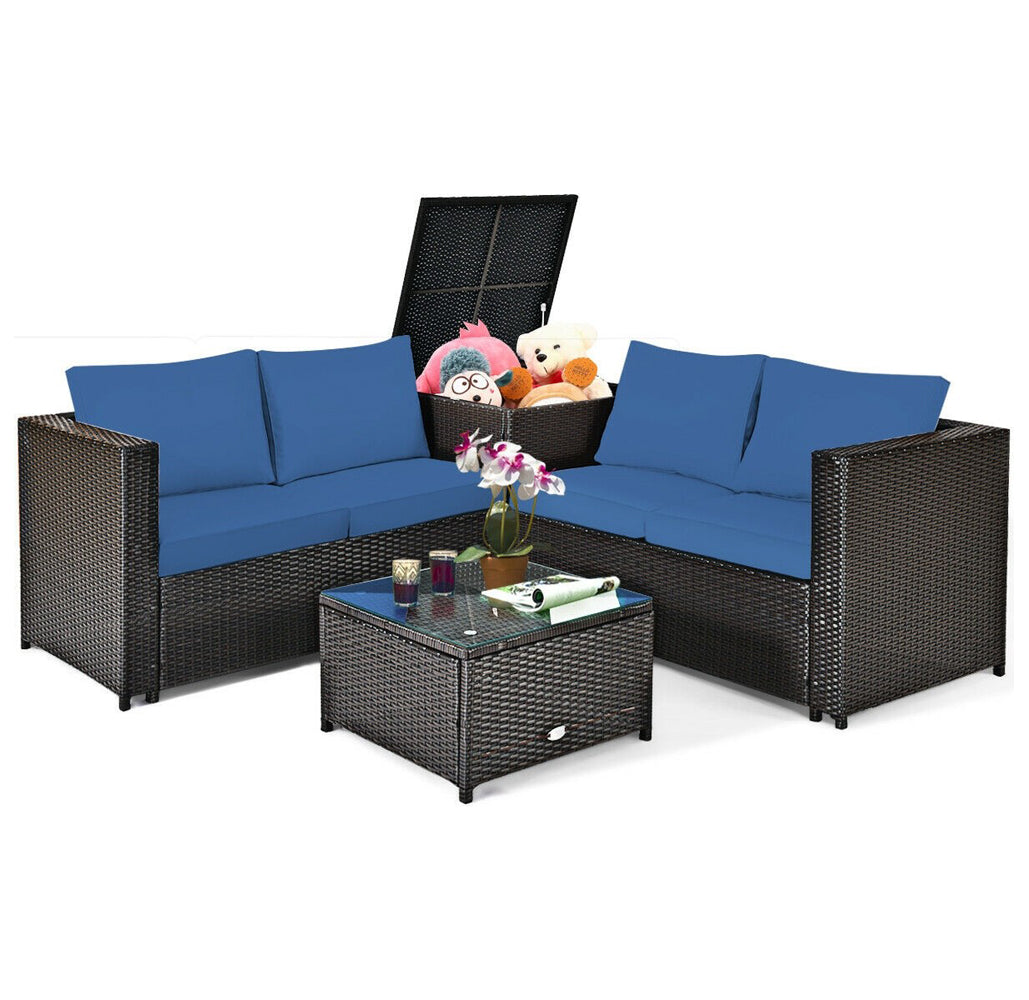 Rattan 4 Piece Storage Loveseat Patio Set - Navy