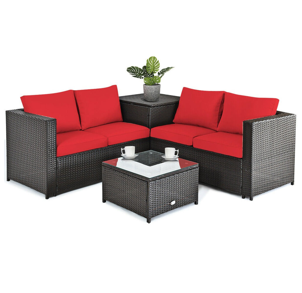 Rattan 4 Piece Storage Loveseat Patio Set - Red