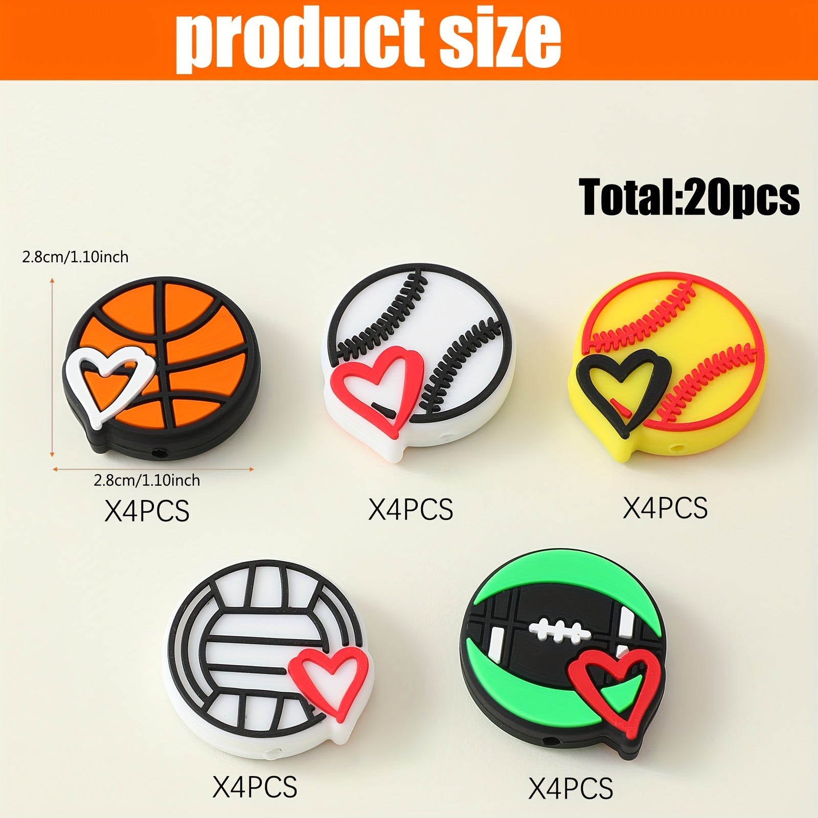 TEMU 20pcs Sports Ball Theme Silicone Focus Loose Beads For Jewelry Making Diy Creative Key Bag Chain Character Pens Decoration Bangle Necklace Craft