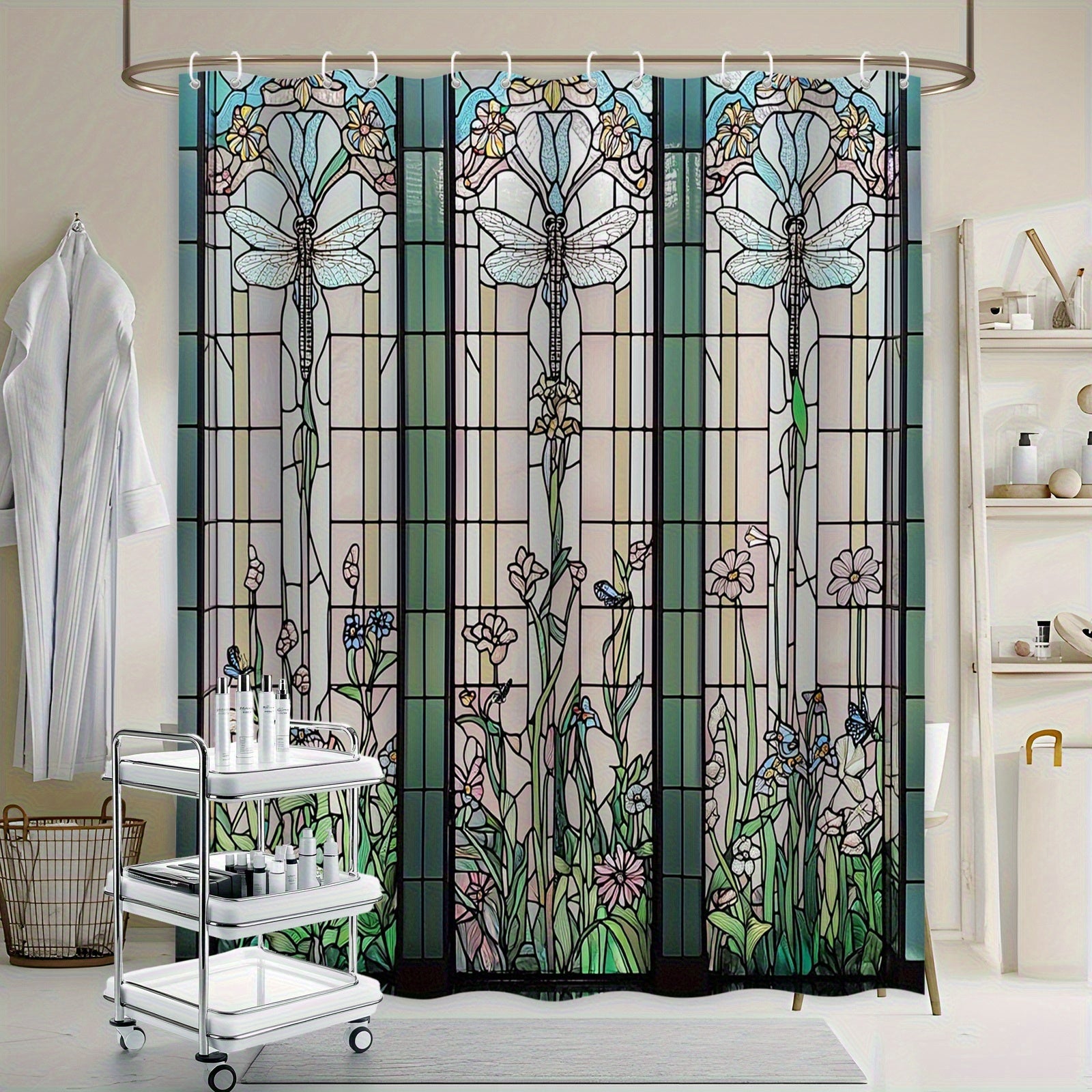 TEMU 1pc Elegant Stained Glass Floral Shower Curtain - Vintage Floral Bathroom Window Decor With Frame, Extra Long Bath Curtain (71x71