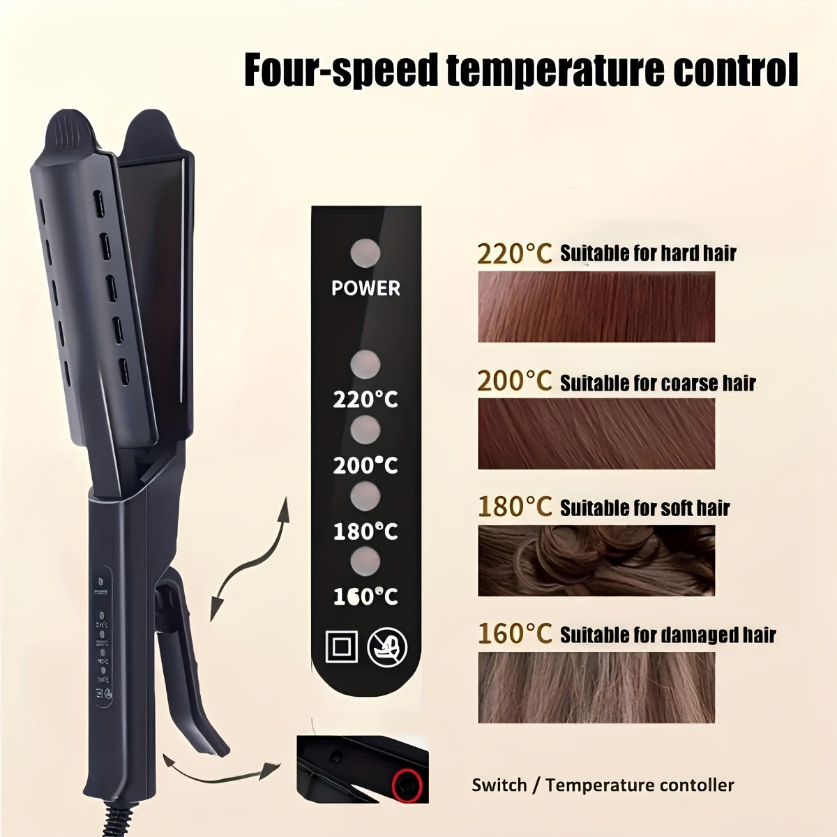 TEMU Professional Salon Hair Straightener With Clip - 4 Temp Settings, Damage-free Straightening & , Negative , Auto Shut-off, 1, 5-2, 5m Cord,