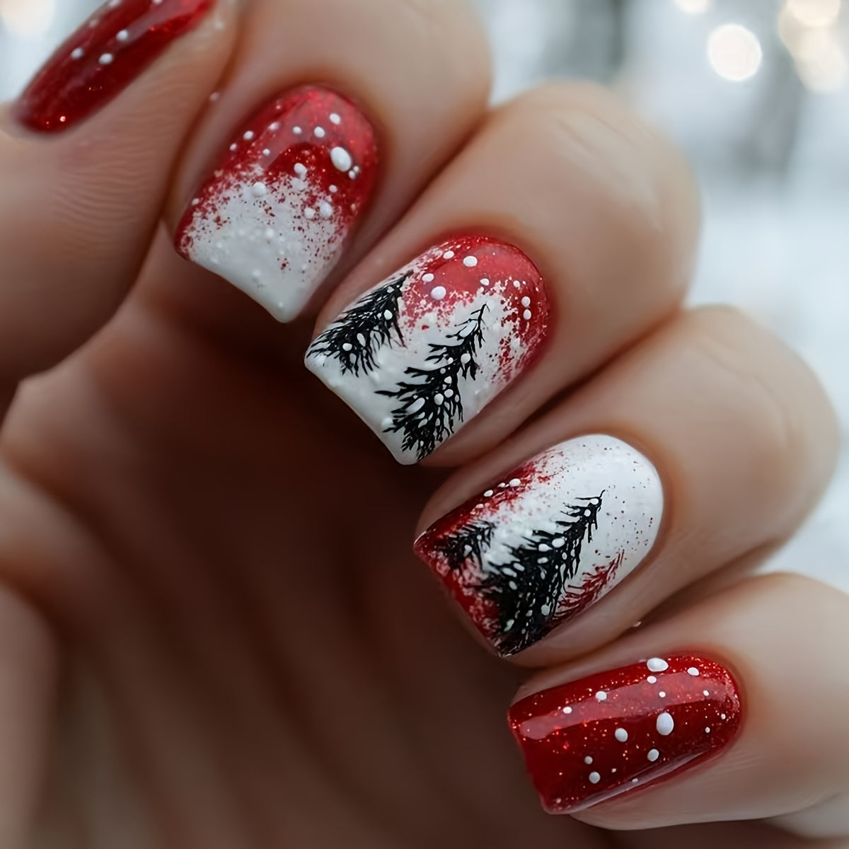 TEMU 24pcs Christmas Tree Nail Art Stickers - Glossy Short Square Fake Nails With Pine , Removable Holiday Nail Decals For Daily Wear, Parties, And
