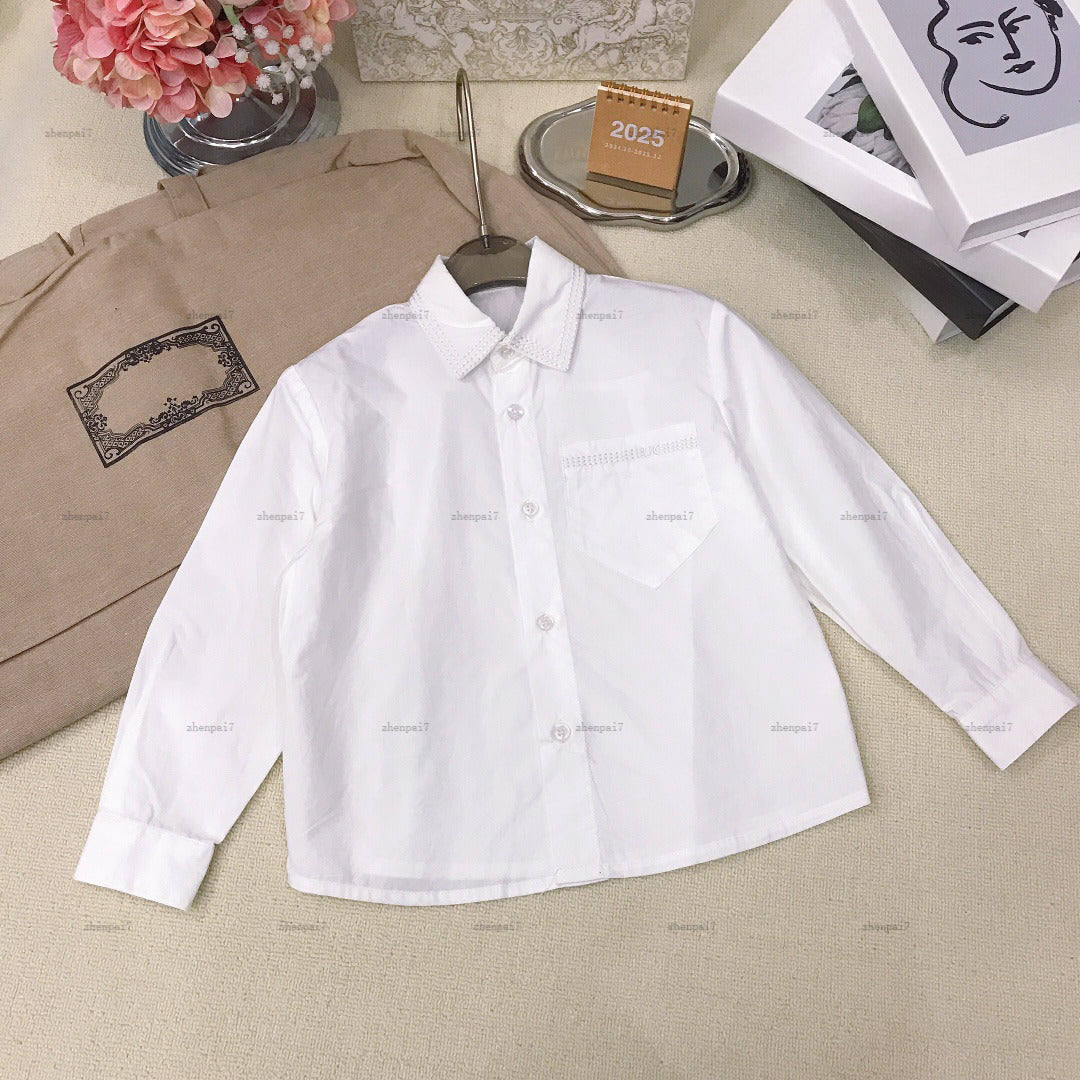 Top baby shirt Embroidered letter pocket lapel shirt kids designer clothes child cardigan girls boys Blouses A236X07N059-a