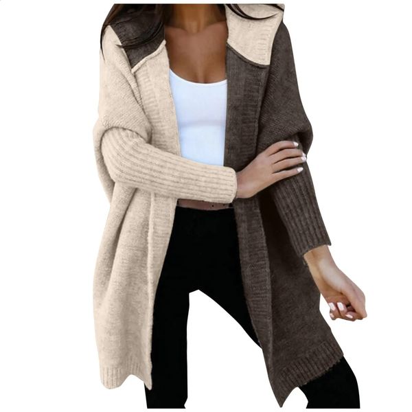 Women Open Front Knit Cardigan Long Sleeve Hooded Cardigans Sweater Color Block Outerwears Autumn Winter Femme 240904