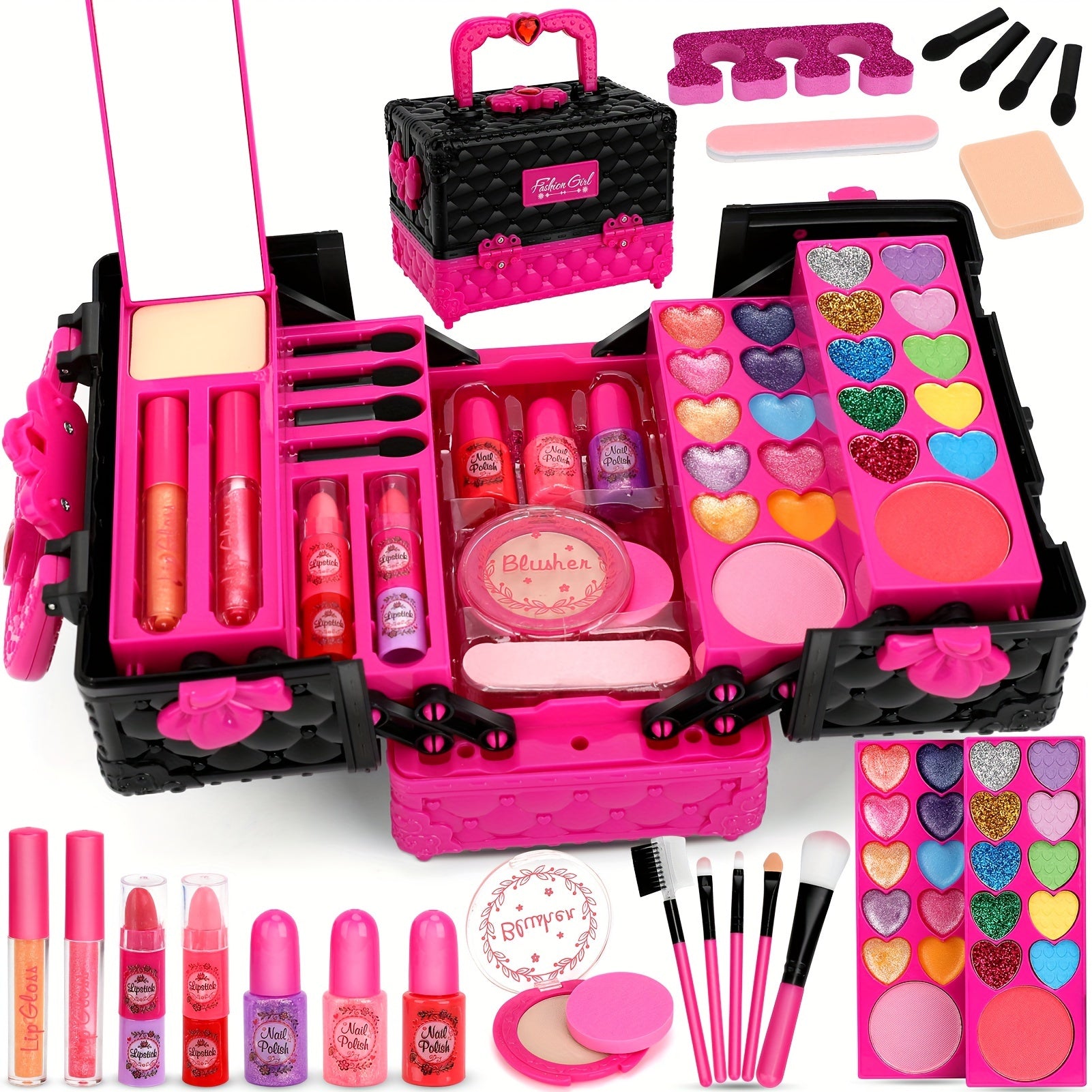 TEMU 45pcs Makeup Playset, Washable Cosmetic Kit For Girls Ages 3-6, Realistic Princess Toys With Lipstick, Brushes, And Accessories, Ideal Christmas