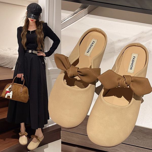 Half slippers women new spring and summer wear Korean style flat bottom version of baotou single shoes soft bottom bow sandals
