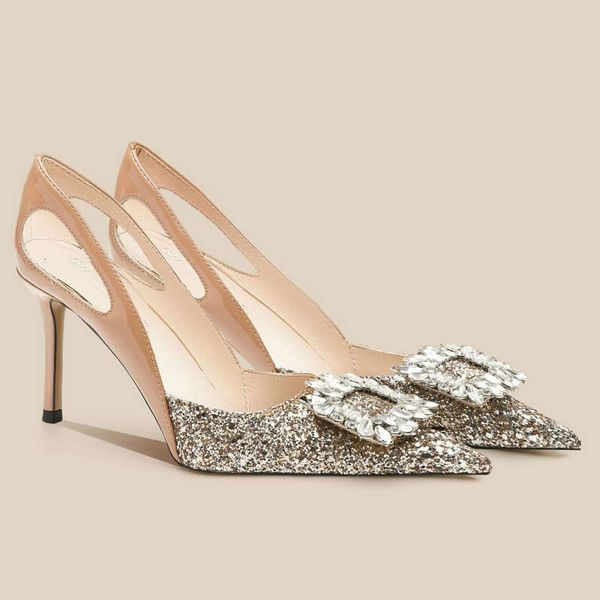 Nude Crystal Sequin New Skinny Heels Design Party With Skirt Rhinestone Pointy Shoes Wedding Pumps Kq8
