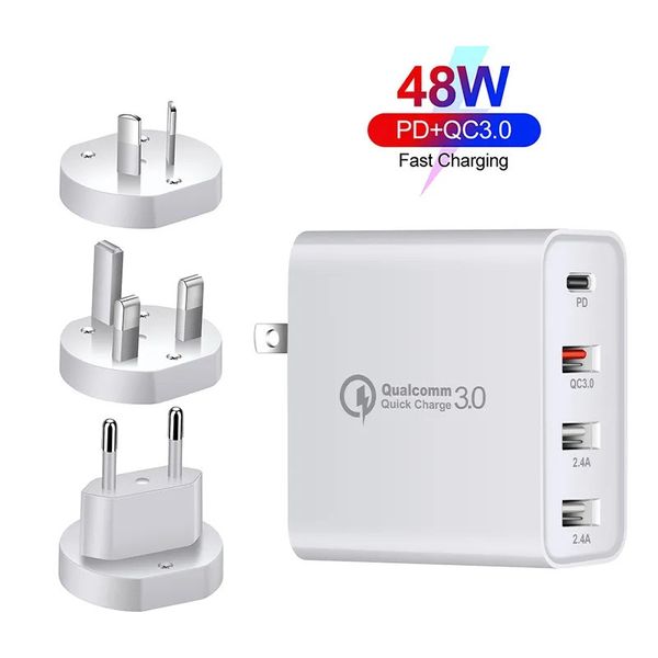USB C Charger 48W 4 Ports Fast Charging PD Wall Chargers with Quick Charge 3.0, Multi Port USB-C Travel Adapter for Samsung iphone US EU AU