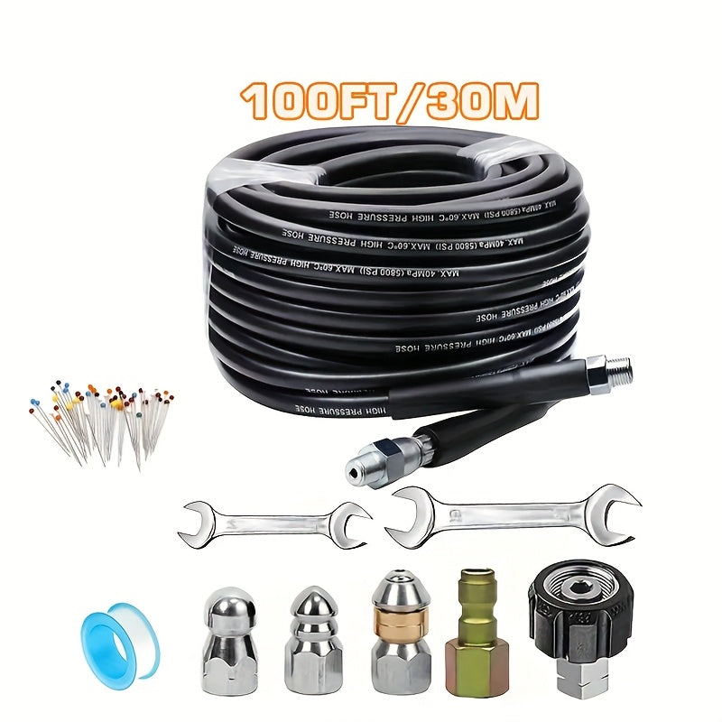 TEMU Sewer Jet Kit For Pressure Washer 100ft-50ft, Newest 5800psi Hose 1-4 Inch Npt Angle, Swivel And Push Button Hose Sewer Jet Nozzle Pearl Corsage