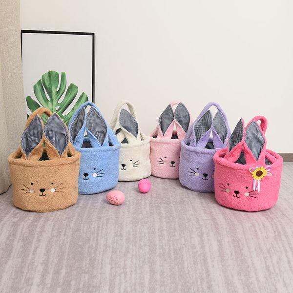 New Furry Plush Bunny Easter Handbag Rabbit Egg Basket Hunt Bags Canvas Cotton Bucket Tote With Fluffy Tail For Party Decoration