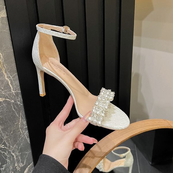 Summer 2024 New French Sandals Thin Heel Round Head Open Toe Fashion Korean Version Pearl White High Heels 0904 s