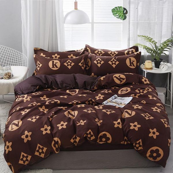 Brown ral Printed 4-Piece Bedding Set, Polyester Cotton Duvet Cover with Comforter, Pillowcases, for Home Bedroom, Full-Queen-King Size, 202