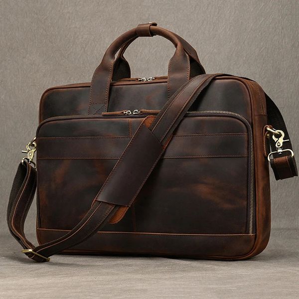 Crazy Horse Genuine Leather Men Briefcase Vintage 16 inch Big Business Laptop Handbag Large Cowhide Messenger Shoulder Bag Man 241029