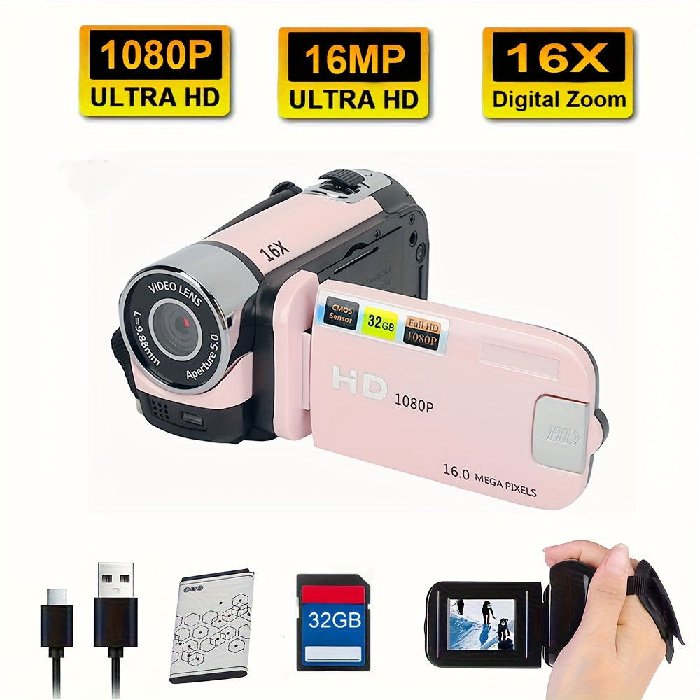 TEMU With A 270° Rotating Led Flip Screen, With A 32gb Memory Card 16x Digital Zoom Camcorder, 1080p, 2.4-inch Screen Display, New High-definition