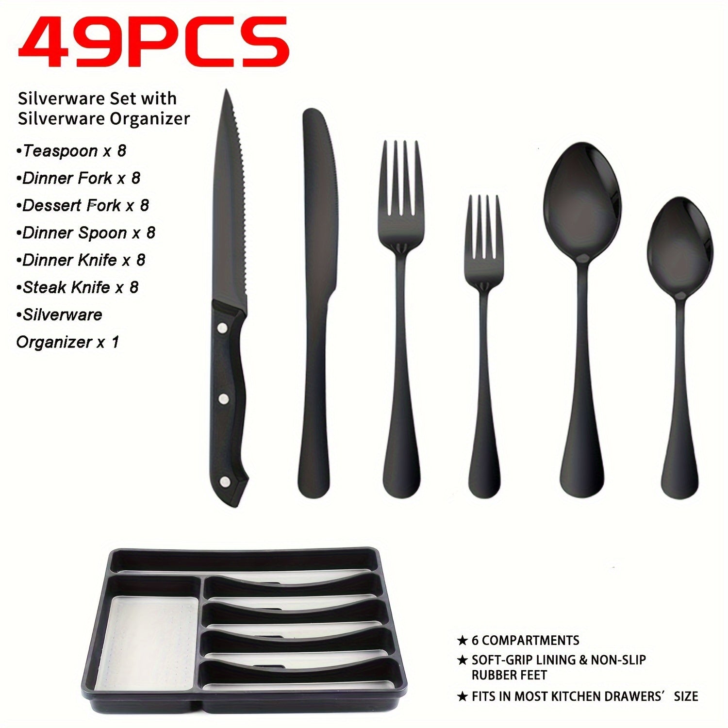 TEMU 24-48pcs Cutlery Set With Storage Box, Stainless Steel Cutlery Set For 8 , Western Steak Knives, Spoons And Forks Flatware Set, Mirror Polished,